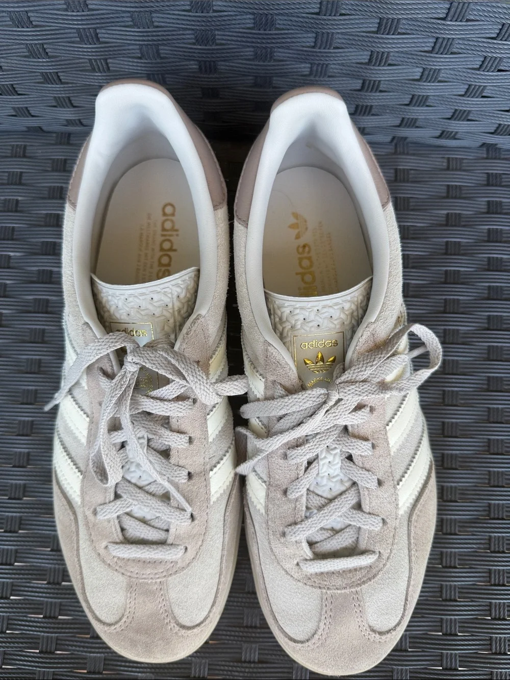 Adidas Gazelle Suede Sneakers in Taupe/Brown, Cream, and Gold